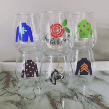 Load image into Gallery viewer, Kentucky derby run for the roses hold your horses go baby go jockey silks party favor stemless shatterproof wine cocktail mint juleps glasse