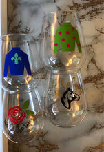 Load image into Gallery viewer, Kentucky derby run for the roses hold your horses go baby go jockey silks party favor stemless shatterproof wine cocktail mint juleps glasse