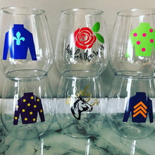 Load image into Gallery viewer, Kentucky derby run for the roses hold your horses go baby go jockey silks party favor stemless glass wine cocktail mint juleps glasse
