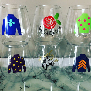 Kentucky derby run for the roses hold your horses go baby go jockey silks party favor stemless glass wine cocktail mint juleps glasse