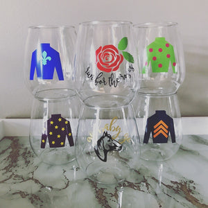 Kentucky derby run for the roses hold your horses go baby go jockey silks party favor stemless shatterproof wine cocktail mint juleps glasse