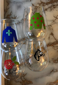 Kentucky derby run for the roses hold your horses go baby go jockey silks party favor stemless glass wine cocktail mint juleps glasse