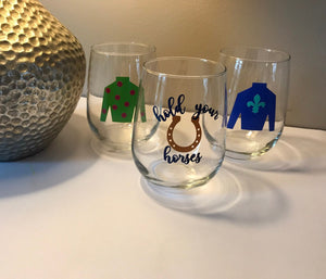 Kentucky derby run for the roses hold your horses go baby go jockey silks party favor stemless glass wine cocktail mint juleps glasse