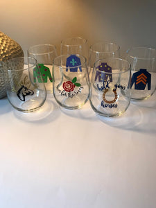 Kentucky derby run for the roses hold your horses go baby go jockey silks party favor stemless glass wine cocktail mint juleps glasse