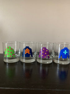 Derby glasses/ derby bourbon glasses/ bourbon drinking glass/ jockey silks/ kentucky proud/ horseshoe/ horse theme/ derby party favors/