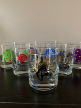 Load image into Gallery viewer, Derby glasses/ derby bourbon glasses/ bourbon drinking glass/ jockey silks/ kentucky proud/ horseshoe/ horse theme/ derby party favors/
