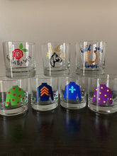 Load image into Gallery viewer, Derby glasses/ derby bourbon glasses/ bourbon drinking glass/ jockey silks/ kentucky proud/ horseshoe/ horse theme/ derby party favors/
