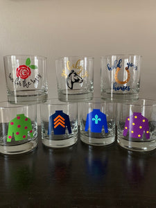 Derby glasses/ derby bourbon glasses/ bourbon drinking glass/ jockey silks/ kentucky proud/ horseshoe/ horse theme/ derby party favors/